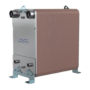 Intercambiador de calor soldado modelo AC1000DQ, con especificaciones de alto 921 mm, ancho 487 mm, y presión máxima de 45 barg.